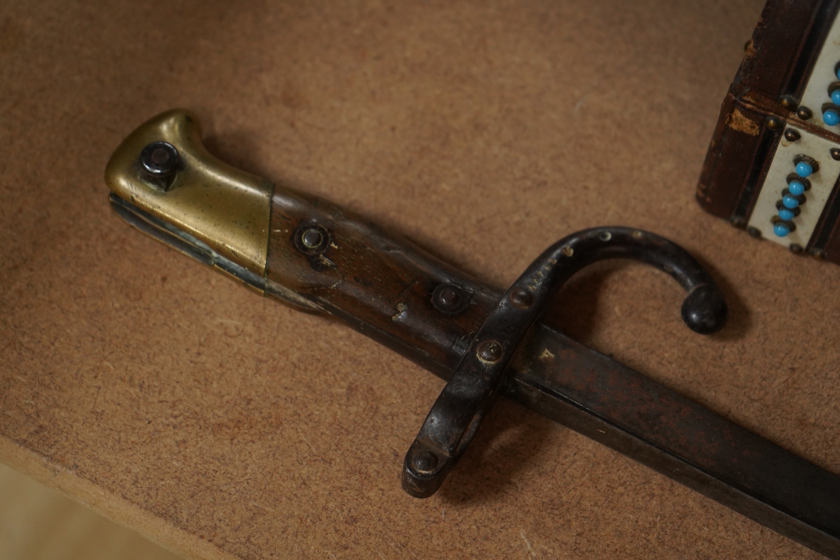 A 19th century brass mounted bayonet together with a tea caddy and a domed casket (a.f)